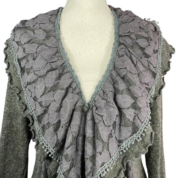 Ryu Lace Ruffle Cardigan M Pockets Waterfall V-Neck Shawl Collar Longline Long - Picture 4 of 13